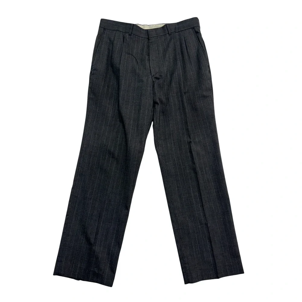 vtg 90s Charcoal Stripe 40R 34x30 2pc Pant Suit Pleated High Waisted Wool Mens